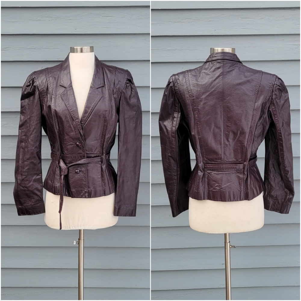 Vintage 70s Egg Plant Dark Purple Bermans Leather Belted Midi Coat‎ Jacket Md